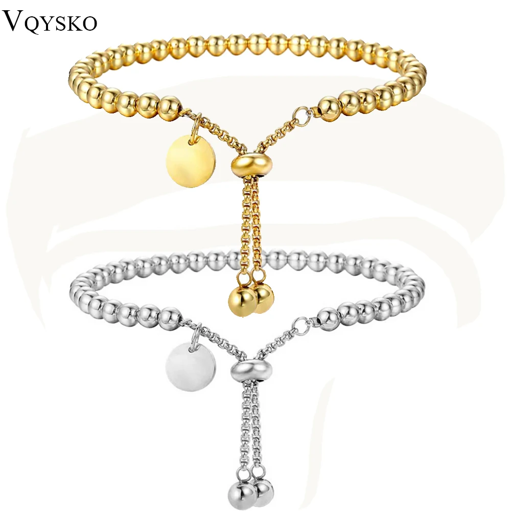 VQYSKO Fashion Stainless Steel Custom Bracelet Letter Tag Ball Beads Adjustable Women's Bracelet Jewelry